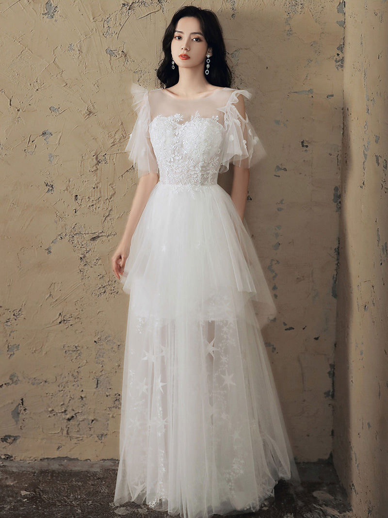 A line Lace White Long Prom Dresses, White Formal Dresses – shopluu