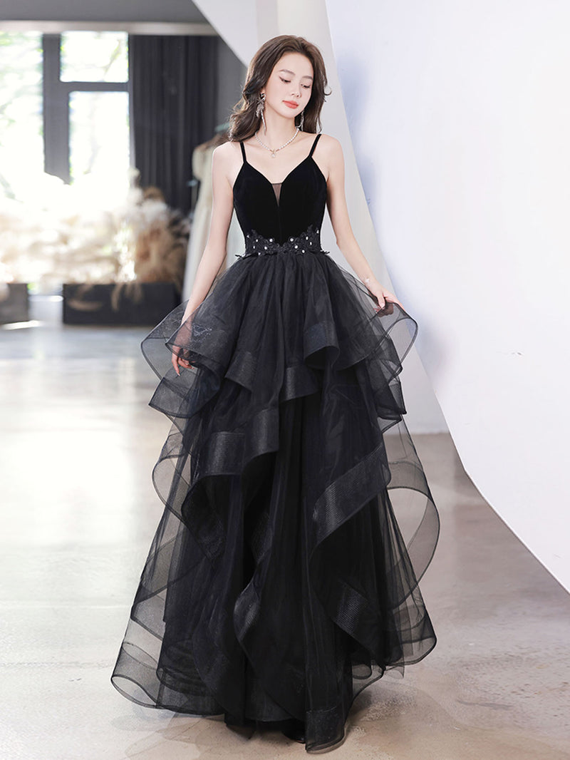 Black V Neck Tulle Long Prom Dresses, Black Formal Evening Dress shopluu Black V Neck Tulle Long Prom Dresses, Black Formal Evening Dress shopluu