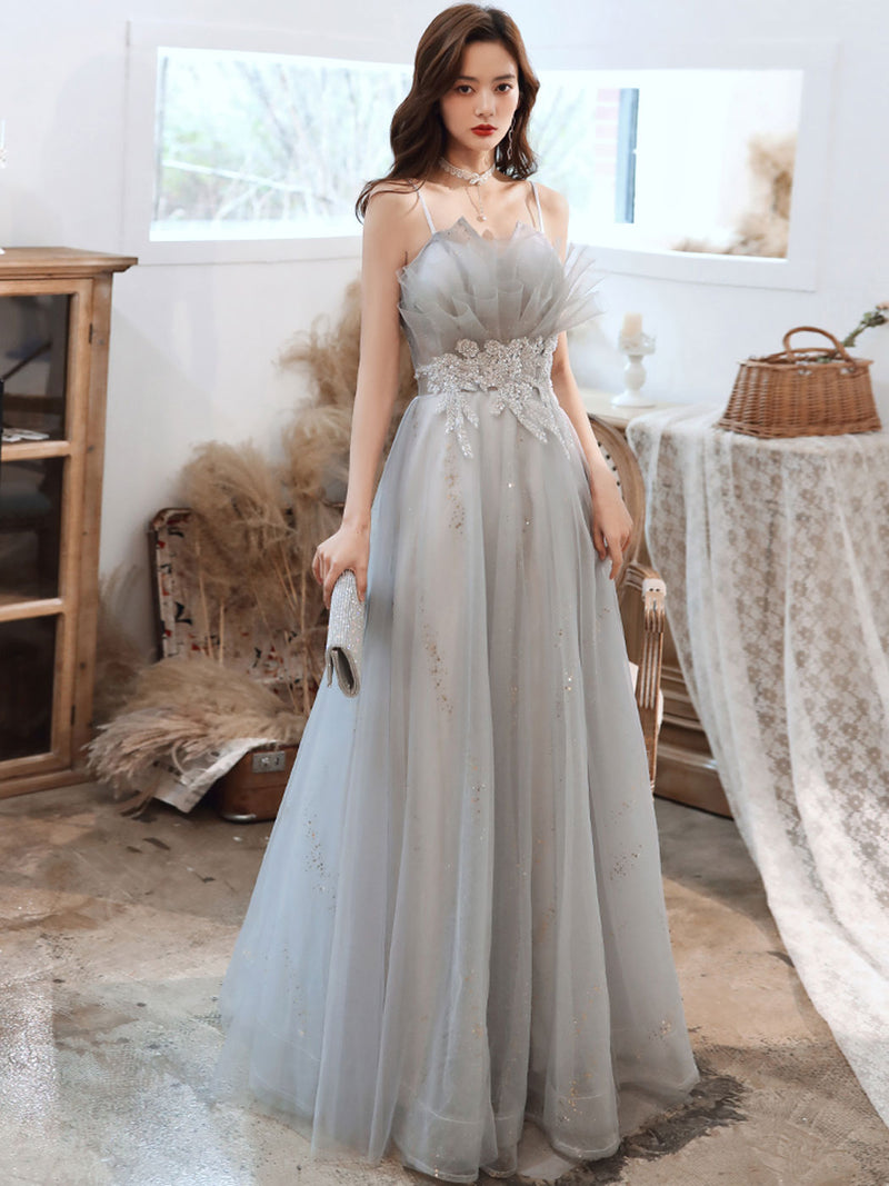 gray graduation dress A Line Gray Long Prom Dress, Gray Tulle Sequin Graduation Dresses