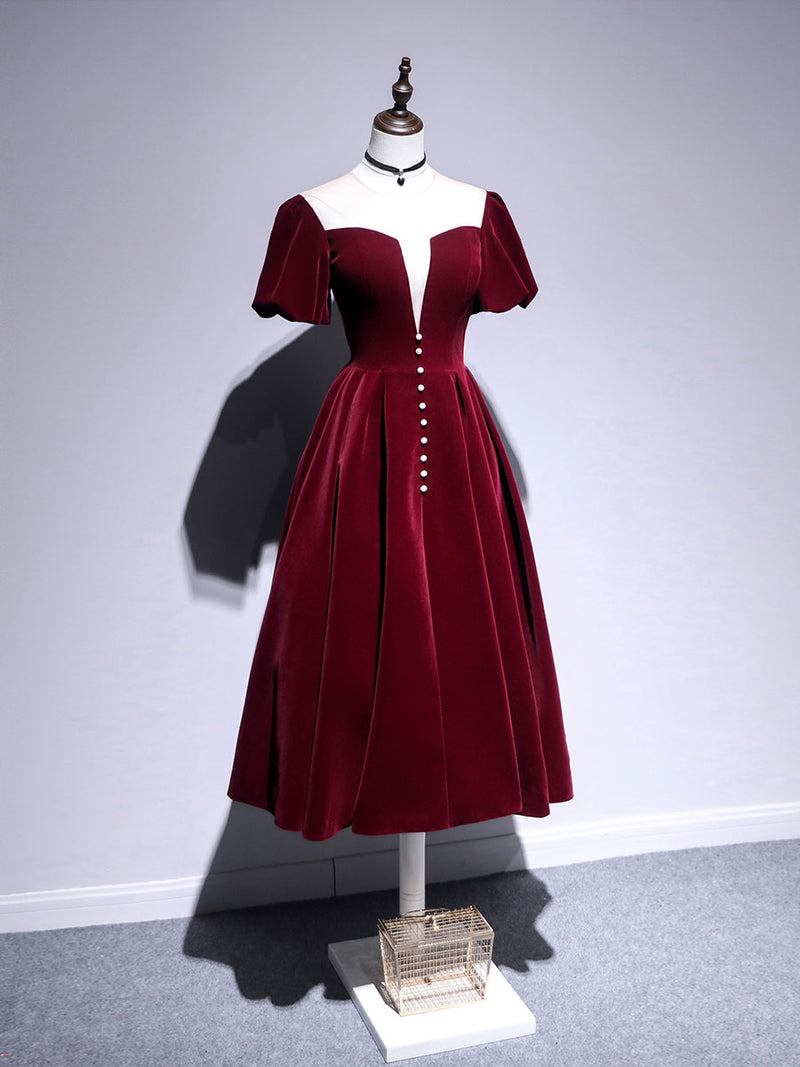 A line Velvet Tea Length Prom Dresses, Burgundy Velvet Bridesmaid Dresses US 16 / Custom Color A line Velvet Tea Length Prom Dresses, Burgundy Velvet Bridesmaid Dresses US 16 / Custom Color