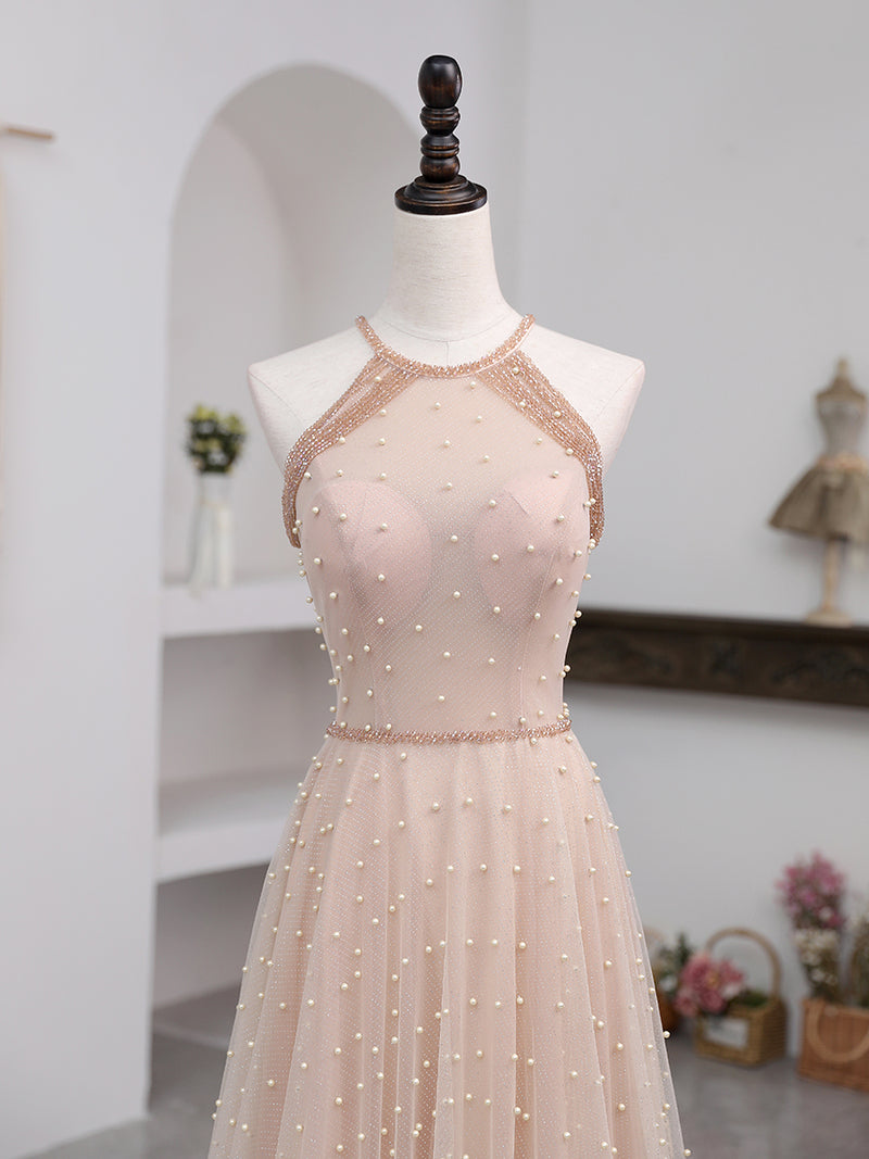Champagne Pink Long Prom Dress, A Line Tulle Formal Dress Graduation Dresses Custom Size / Custom Color Champagne Pink Long Prom Dress, A Line Tulle Formal Dress Graduation Dresses Custom Size / Custom Color