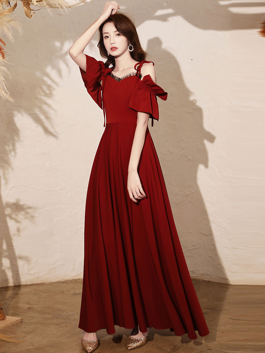 Simple Burgundy Satin Long Prom Dress, Burgundy Formal Dresses