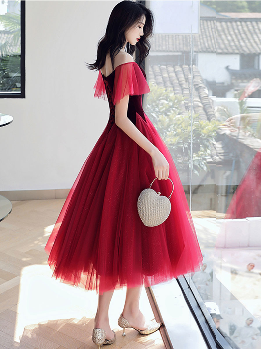 Burgundy Round Neck Velvet Short Prom Dress, Puffy Burgundy Homecoming Dress