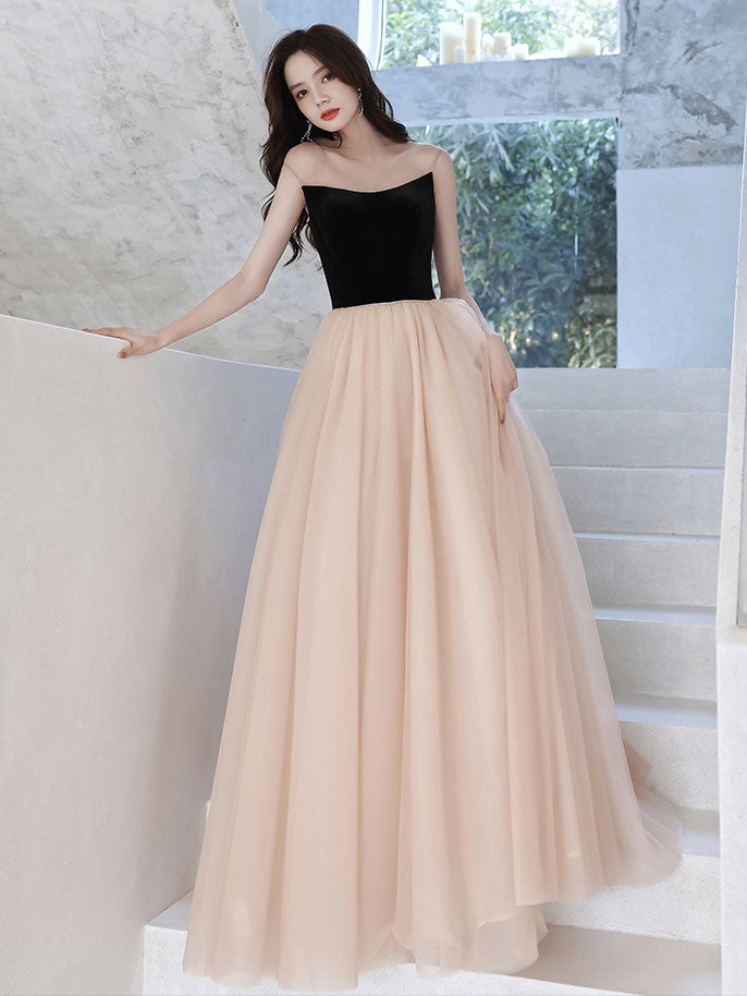 Simple Champagne Long Prom Dresses, Champagne Tulle Formal Dresses