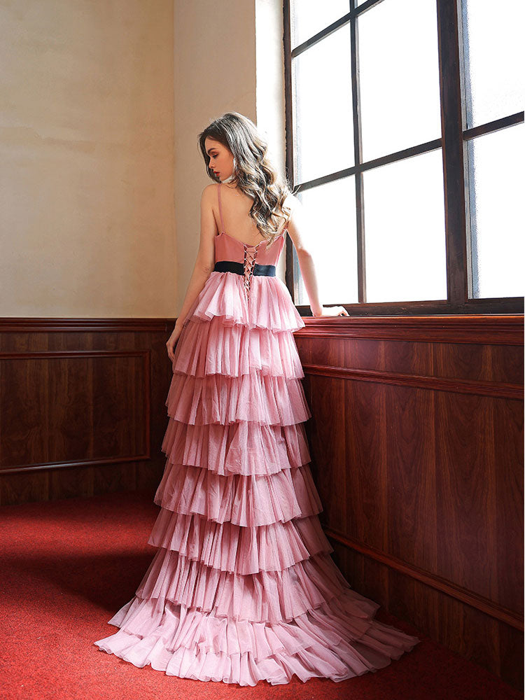 Pink V Neck High Low Long Prom Dress, Pink Tulle Formal Graduation Dresses Custom Size / Custom Color Pink V Neck High Low Long Prom Dress, Pink Tulle Formal Graduation Dresses Custom Size / Custom Color