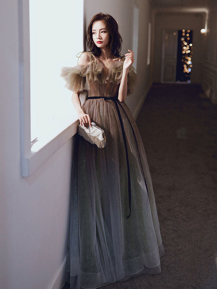 A-Line Tulle Off Shoulder Long Prom Dress, Tulle Sequin Evening Dresses