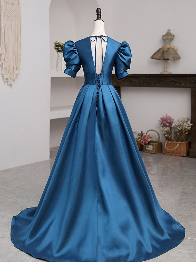 A-Line V Neck Satin Long Prom Dresses, Blue Satin Long Evening Dress shopluu A-Line V Neck Satin Long Prom Dresses, Blue Satin Long Evening Dress shopluu