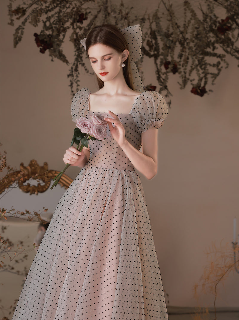 A Line Polka Dot Tulle Tea Length Pink Prom Dresses, Puff Sleeves Homecoming Dress us 2 / Custom Color A Line Polka Dot Tulle Tea Length Pink Prom Dresses, Puff Sleeves Homecoming Dress us 2 / Custom Color