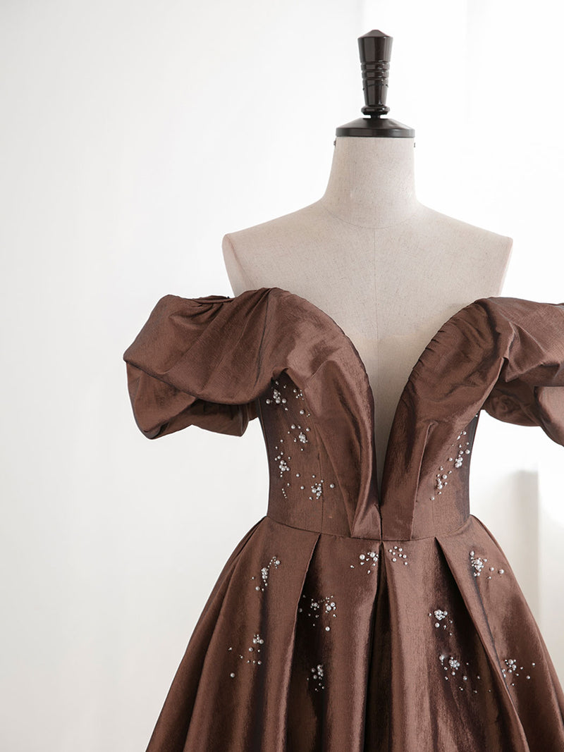 A-Line Tea length Brown Prom dresses, Off Shoulder Brown Formal Dress with Beading US 14 / Custom Color A-Line Tea length Brown Prom dresses, Off Shoulder Brown Formal Dress with Beading US 14 / Custom Color