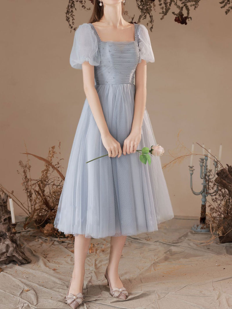 grey homecoming dresses Gray Tulle Pearl Short Prom Dress, Cute Short Sleeve Party Dress US 2 / Gray