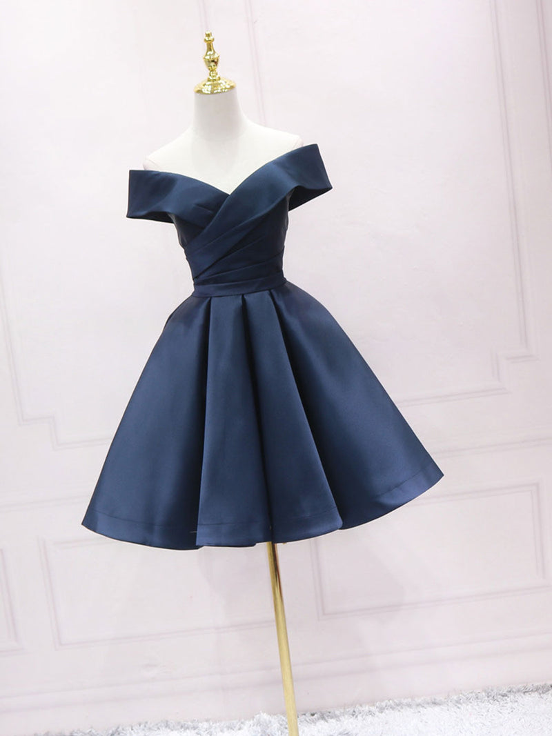 Simple Off Shoulder Satin Dark Blue Short Prom Dress, Blue Homecoming Dress Custom Size / Custom Color Simple Off Shoulder Satin Dark Blue Short Prom Dress, Blue Homecoming Dress Custom Size / Custom Color