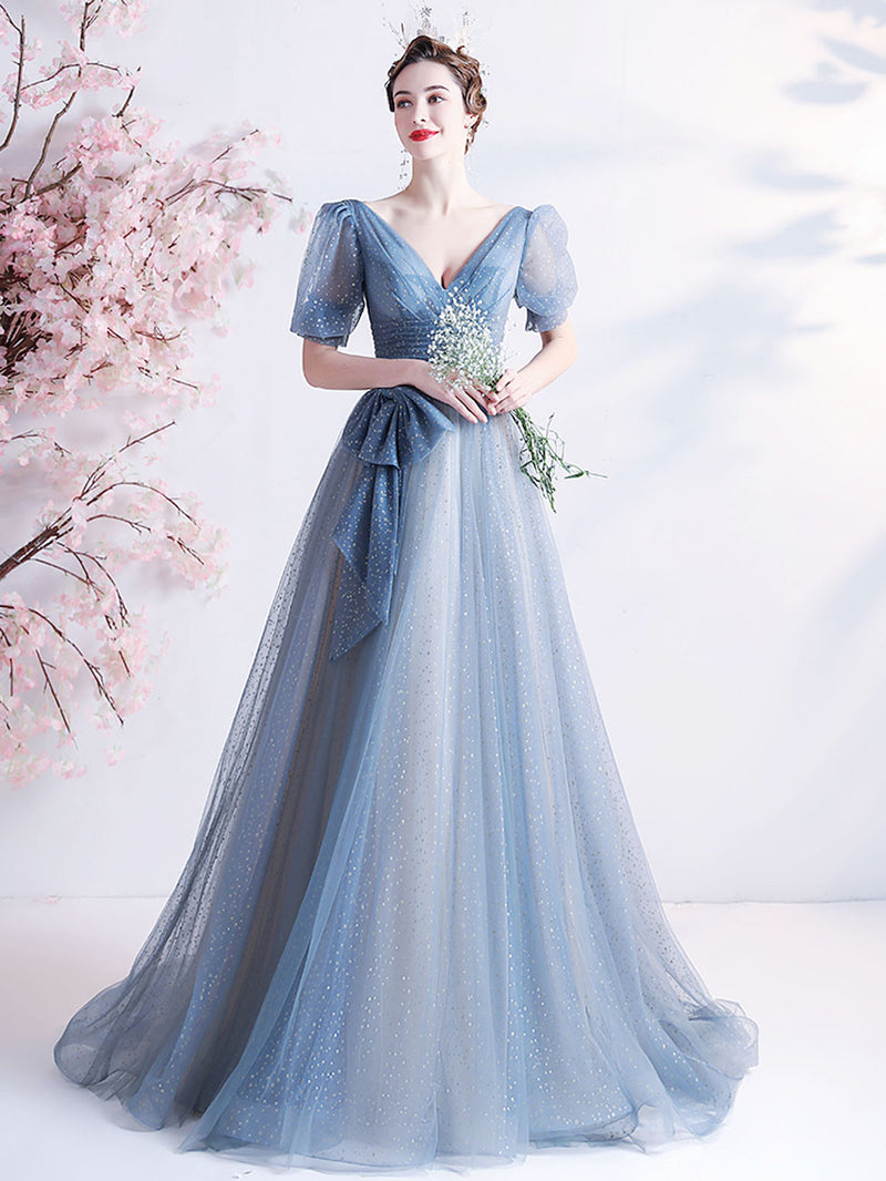 A-Line V Neck Tulle Gray Blue Long Prom Dress, Gray Blue Formal Dresse – shopluu