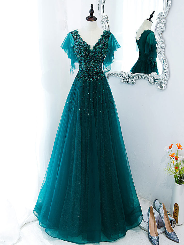 Green V Neck Sequin Beads Long Prom Dress, Green Formal Bridesmaid Dresses Custom Size / Green Green V Neck Sequin Beads Long Prom Dress, Green Formal Bridesmaid Dresses Custom Size / Green