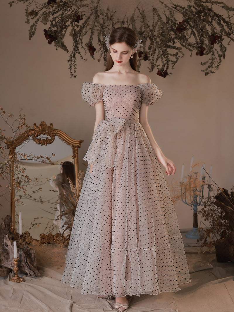A Line Polka Dot Tulle Tea Length Pink Prom Dresses, Puff Sleeves