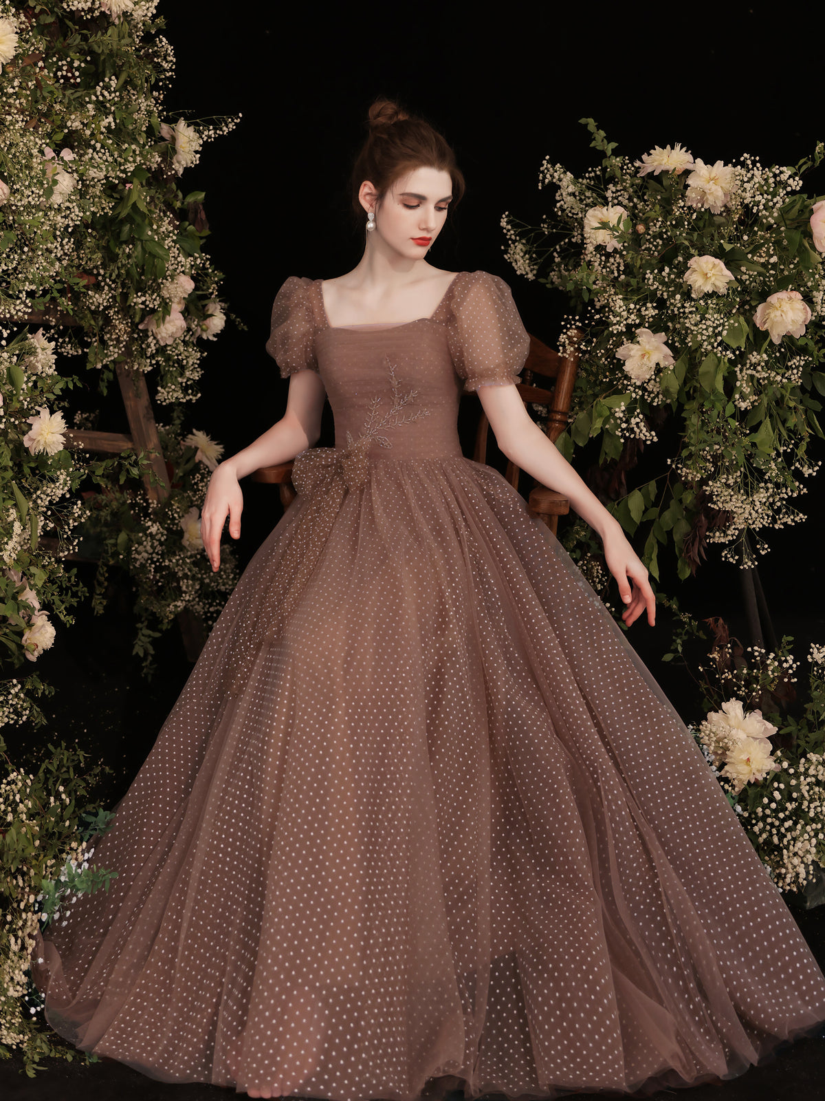brown tulle dress Simple Long Prom Dress, Tulle Evening round layering