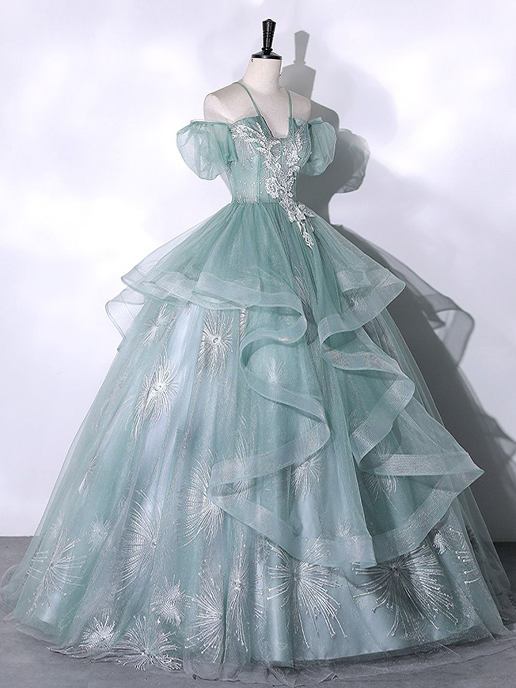 Green Tulle Lace Long Prom Dresses