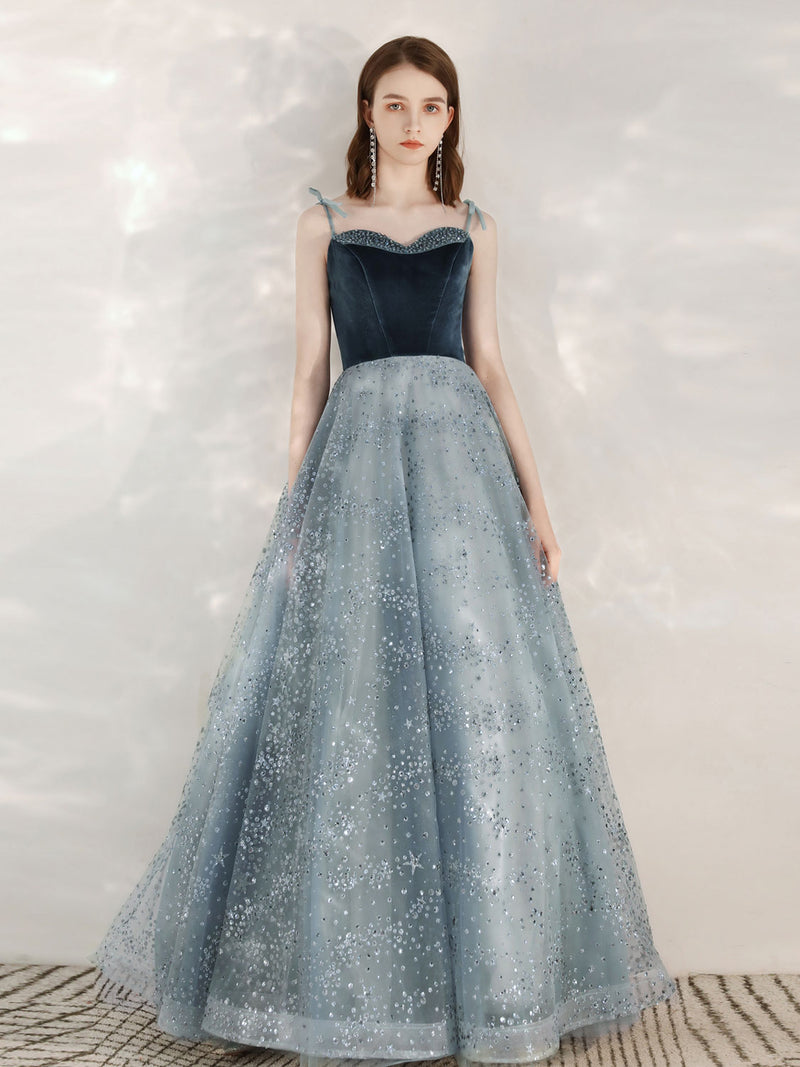 A-Line Sequin Tulle Blue Long Prom Dresses, Tulle Formal Dress with Ve – shopluu