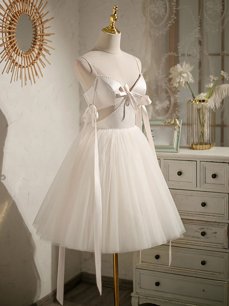 Light Champagne V neck Tulle Short Prom Dress, Tulle Puffy Homecoming Dress Custom Size / Pink Light Champagne V neck Tulle Short Prom Dress, Tulle Puffy Homecoming Dress Custom Size / Pink
