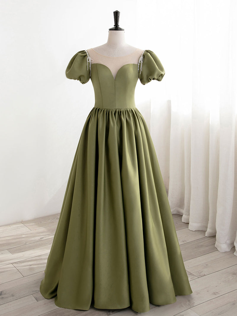 Green Puff Sleeves Satin Long Prom Dress, Green Long Formal Dresses US 2 / Green Green Puff Sleeves Satin Long Prom Dress, Green Long Formal Dresses US 2 / Green
