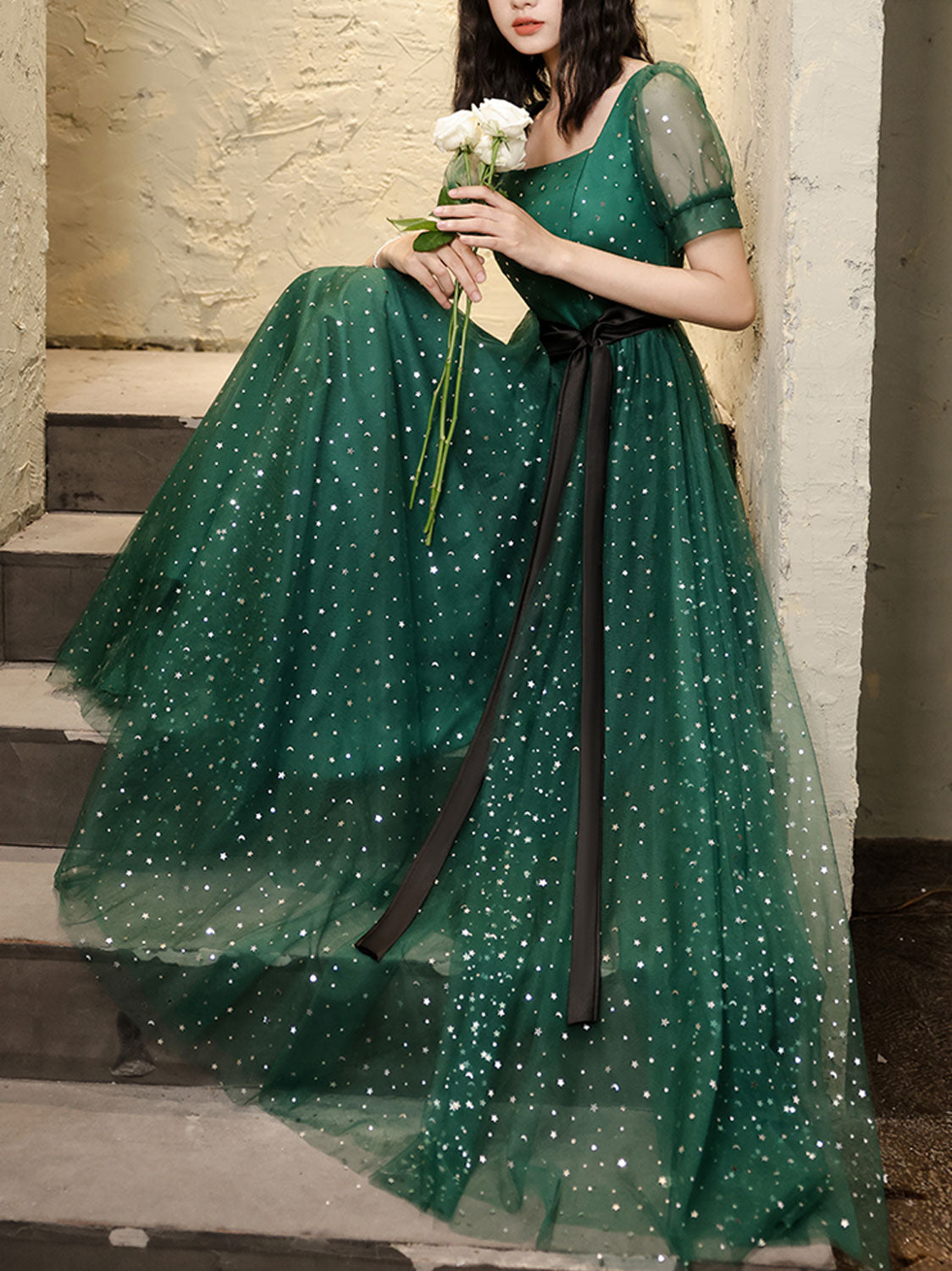 Green A line Long Prom Dress, Green Tulle Long Formal Dress