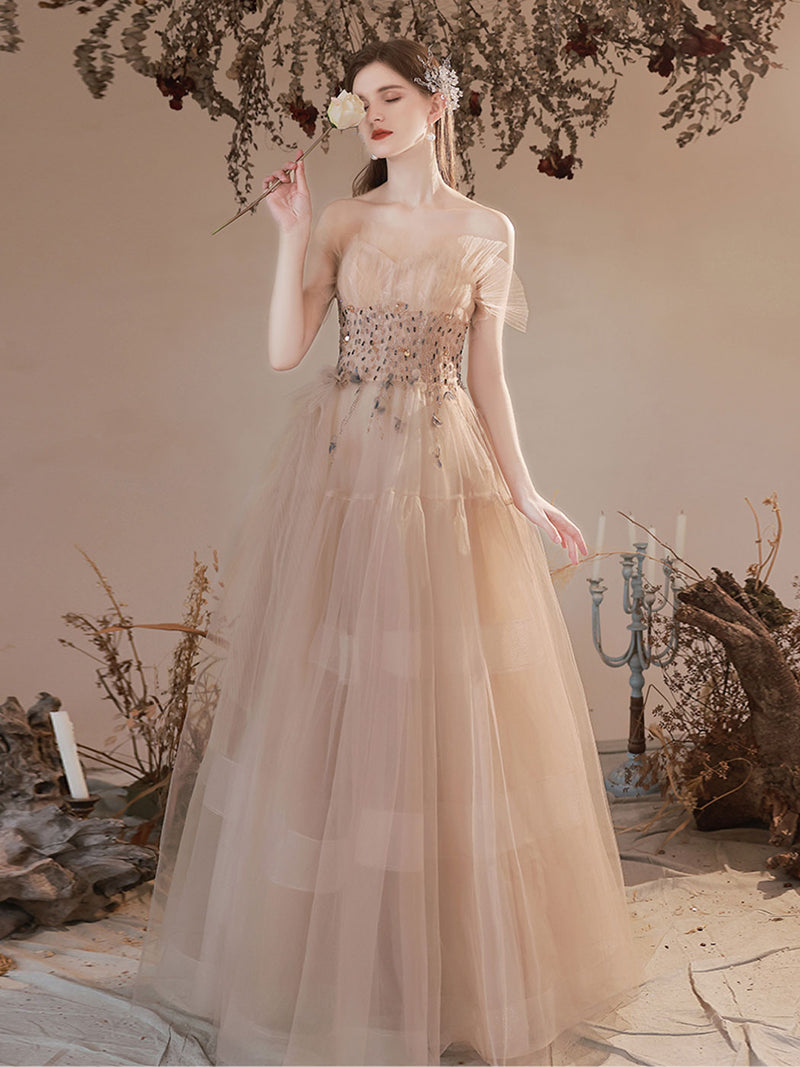 A Line Champagne Long Prom Dresses, Champagne Formal Graduation Dress – shopluu