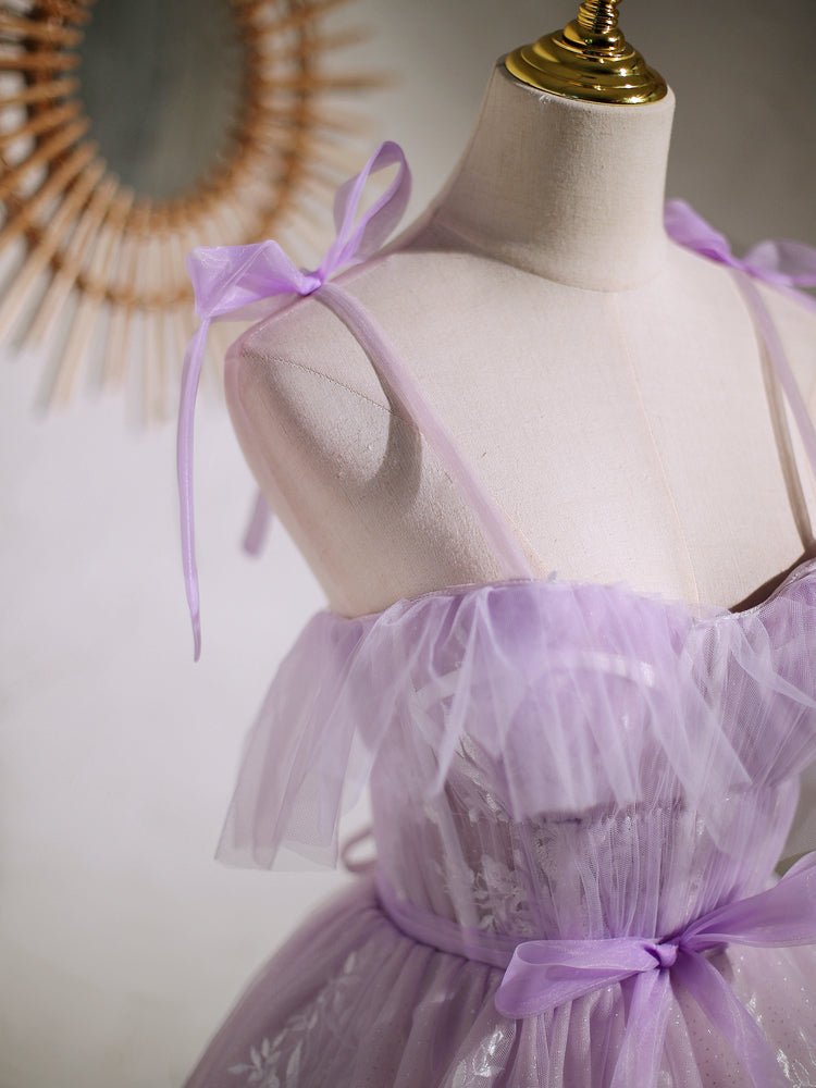 Aline Lace Short Purple Prom Dress, Puffy Purple Homecoming Dress