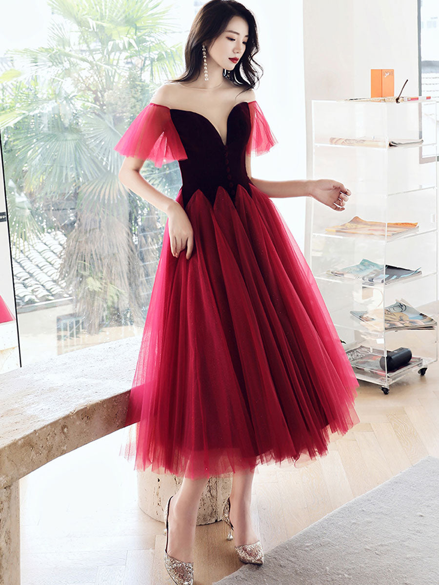 Burgundy Round Neck Velvet Short Prom Dress, Puffy Burgundy Homecoming Dress