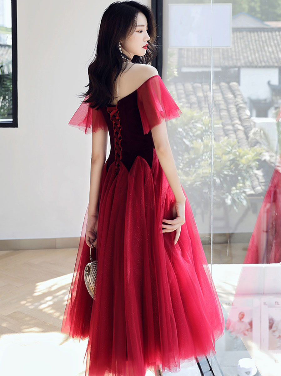 Burgundy Round Neck Velvet Short Prom Dress, Puffy Burgundy Homecoming Dress