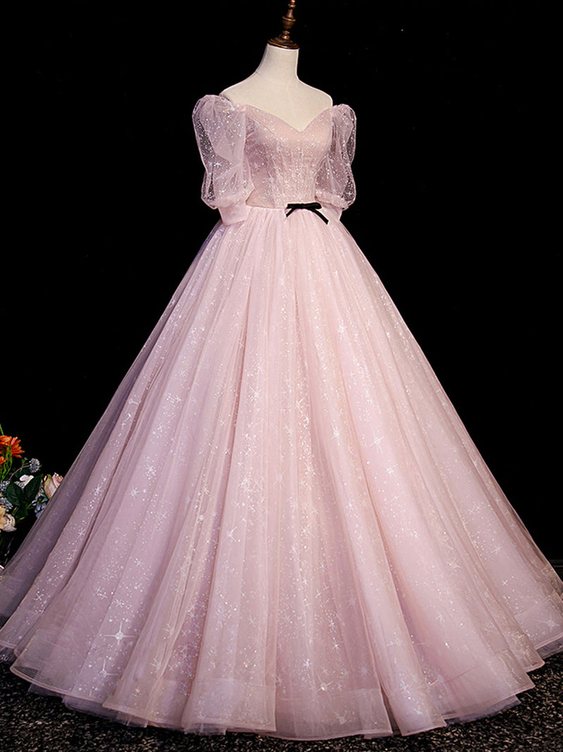 Pink A Line Puffy Sleeves Tulle Long Prom Dress, Pink Sweet 16