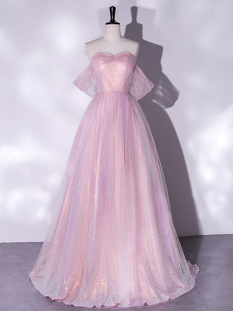 A-Line Sweetheart Neck Tulle Sequin Pink Long Prom Dress, Pink Tulle F – shopluu
