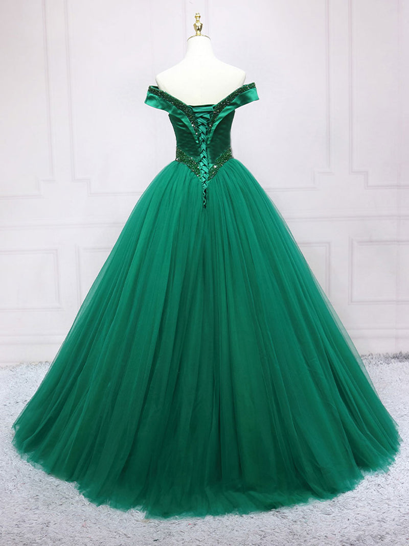Green Tulle Beads Long Prom Dress, Beautiful Off the Shoulder Party Dress US 4 / Green Green Tulle Beads Long Prom Dress, Beautiful Off the Shoulder Party Dress US 4 / Green