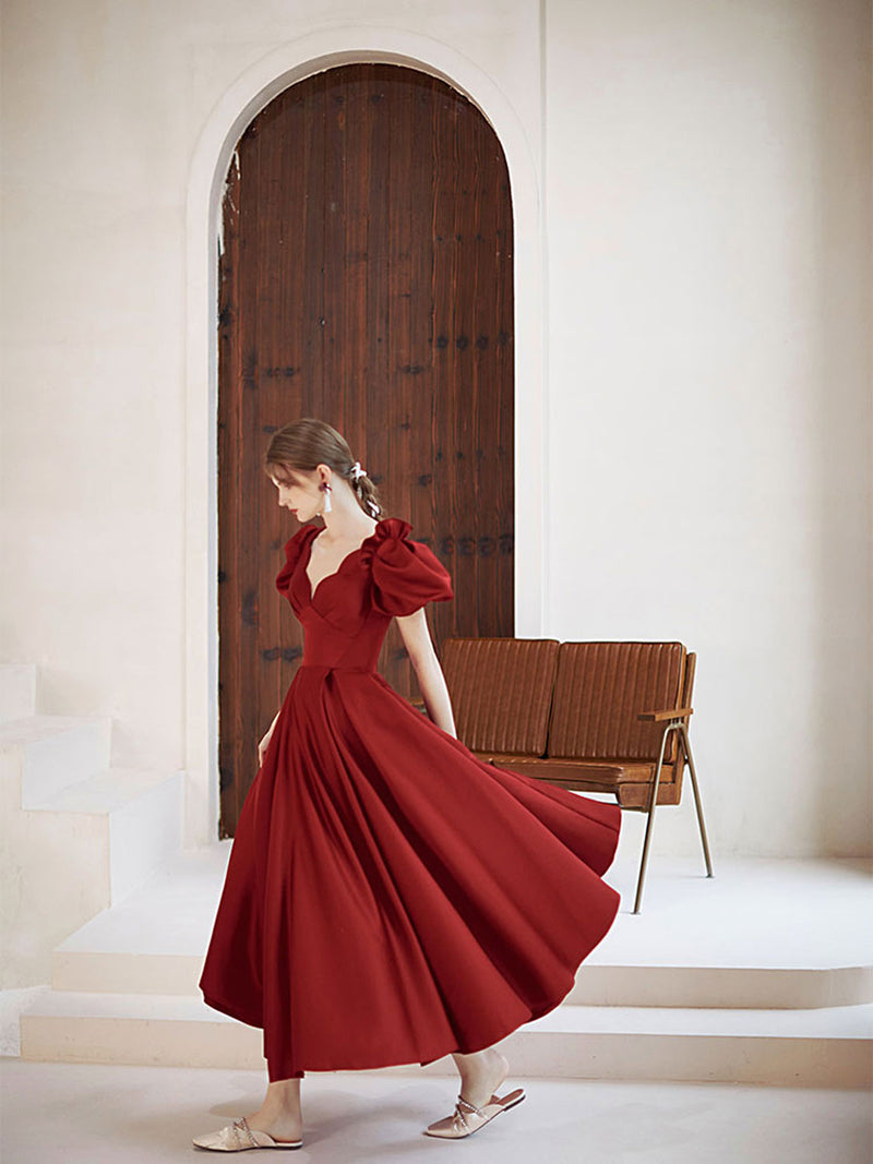 Simple V Neck Burgundy Tea Length Prom Dress Burgundy Bridesmaid