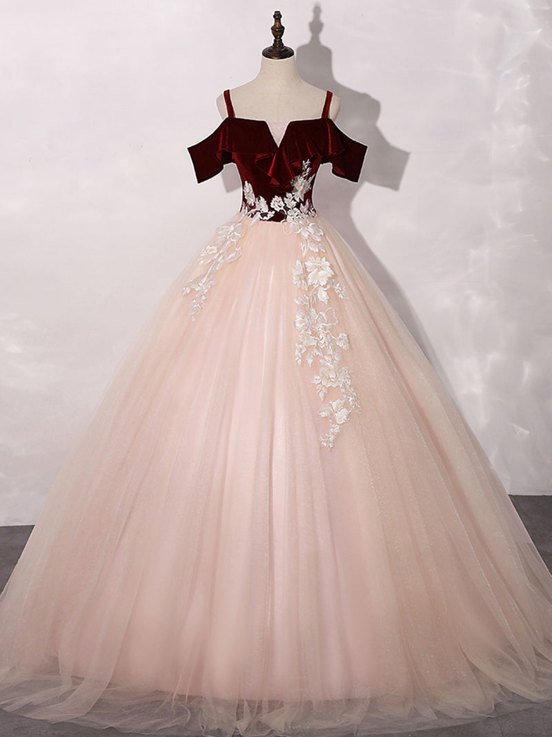 Pink/Burgundy Tulle Long Prom Dresses, A-Line Formal Sweet 16 Dress wi – shopluu