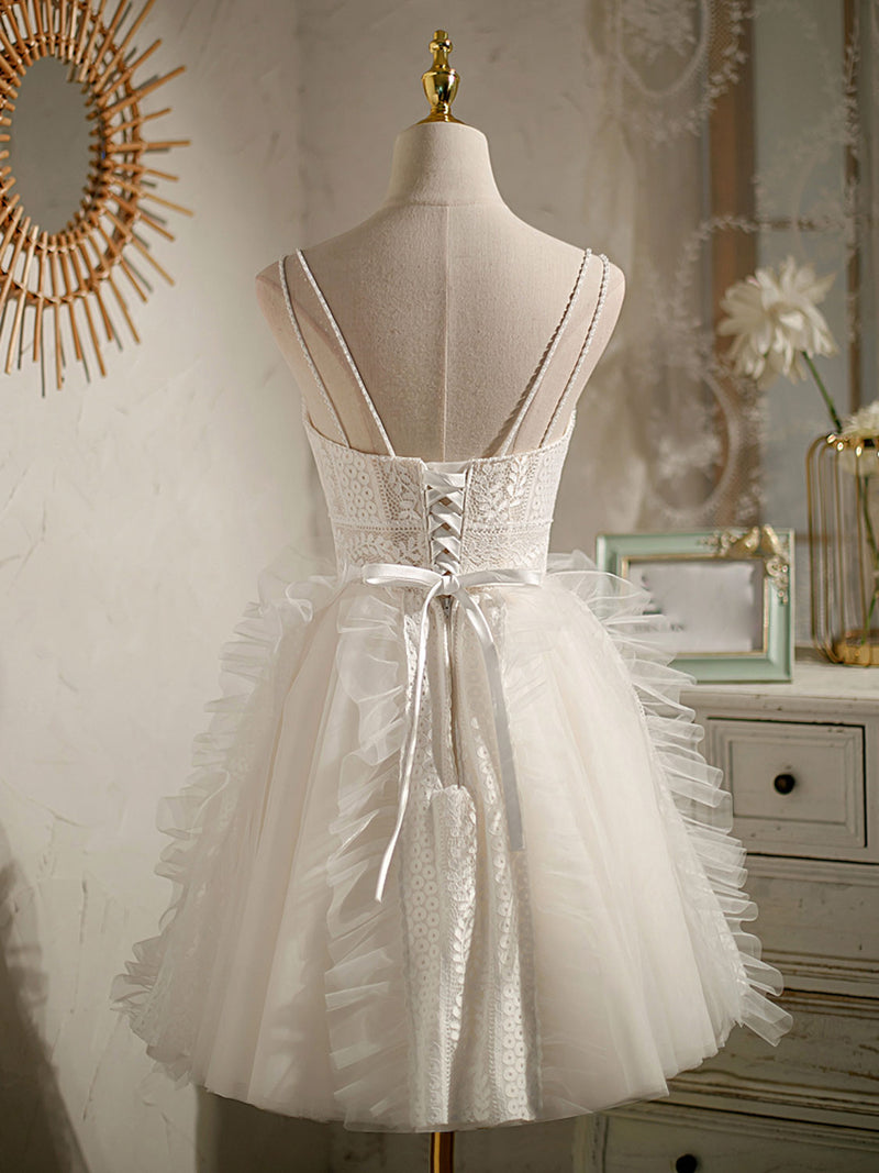 Cute Light Champagne Lace Tulle Short Prom Dress, Puffy Homecoming Dre shopluu Cute Light Champagne Lace Tulle Short Prom Dress, Puffy Homecoming Dre shopluu