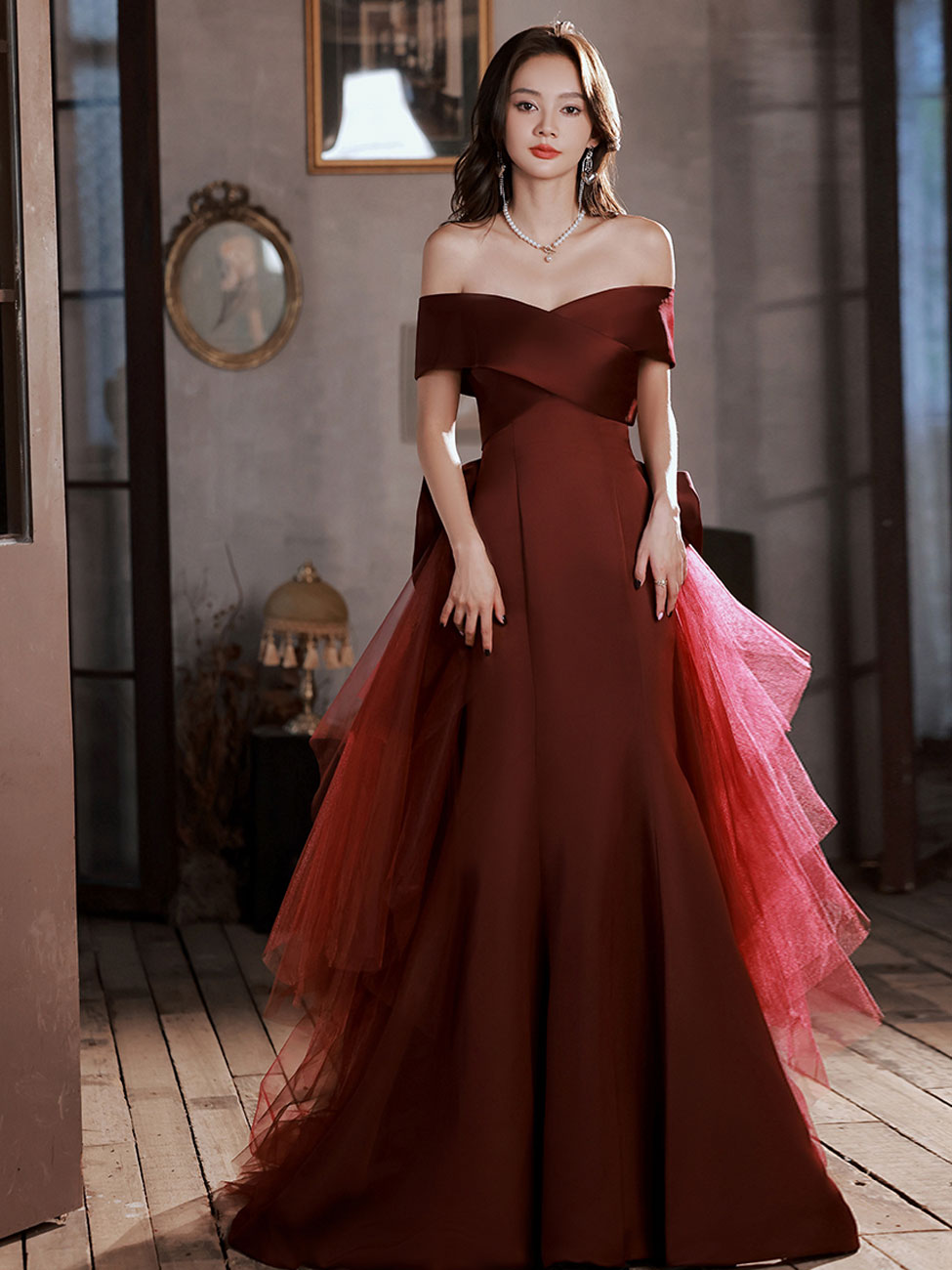 burgundy off the shoulder dress Mermaid Sweep Train Long Prom Dress, Satin Burgu Junior Bridesmaid Dress | Color:hunter green RHINESTONE Formal 18 Model Notes