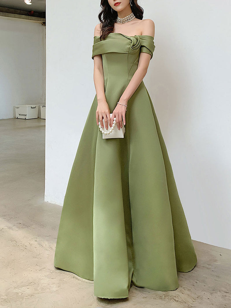 A Line Satin Green Long Prom Dresses, Off Shoulder Green Long Formal Dresses A Line Satin Green Long Prom Dresses, Off Shoulder Green Long Formal Dresses