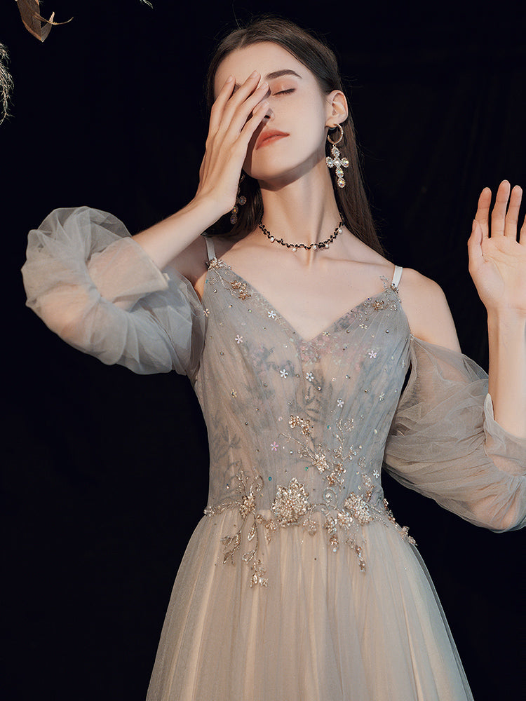 Gray V Neck Tulle Lace Long Prom Dress, A line Evening Dress