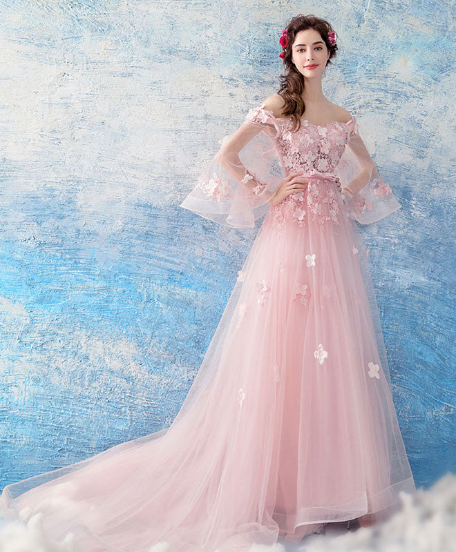Pink Tulle Lace Long Prom Dress, Pink Evening Dress