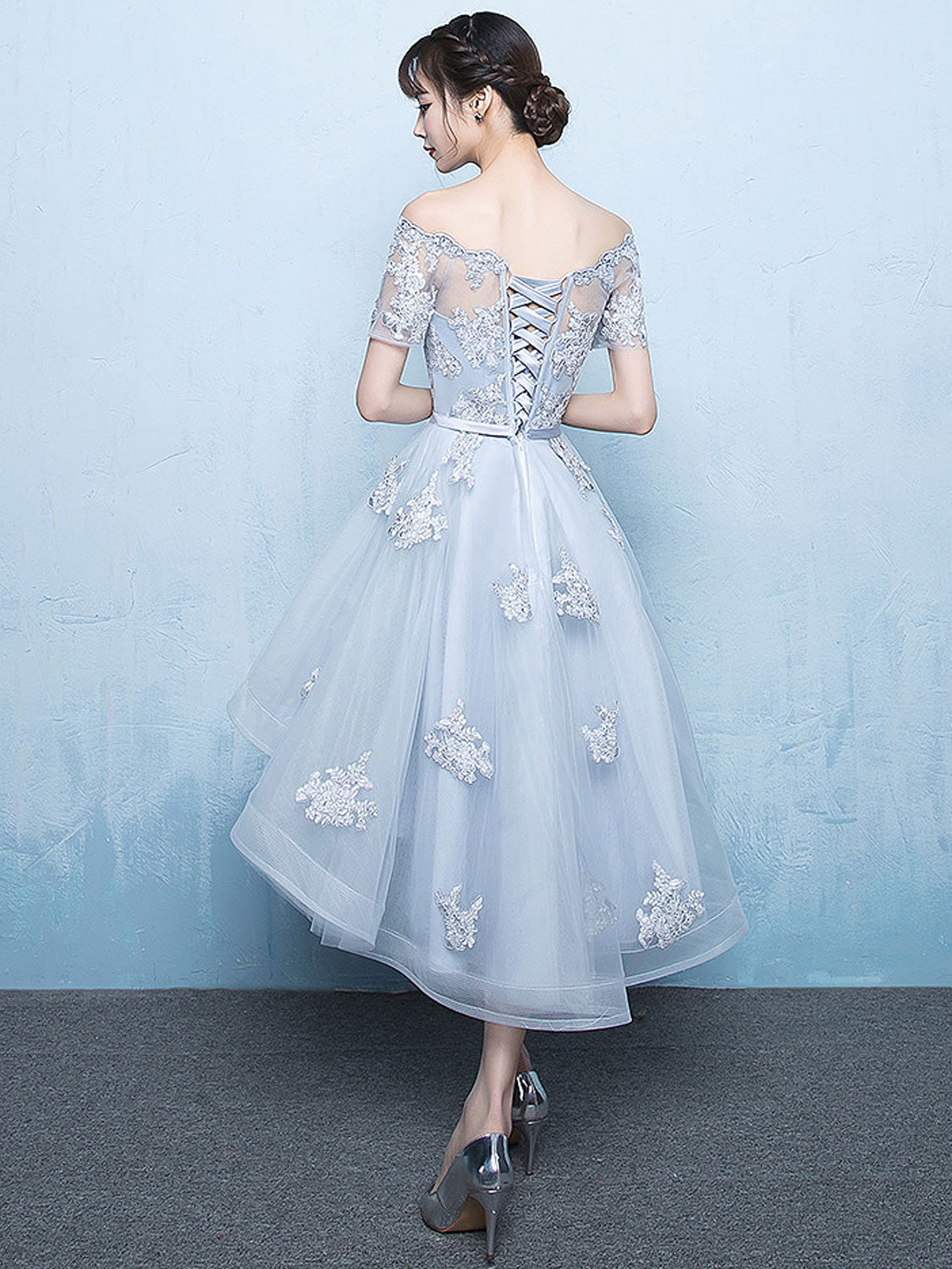 Gray A-line High Low Tulle Prom Dress, Gray Bridesmaid Dress