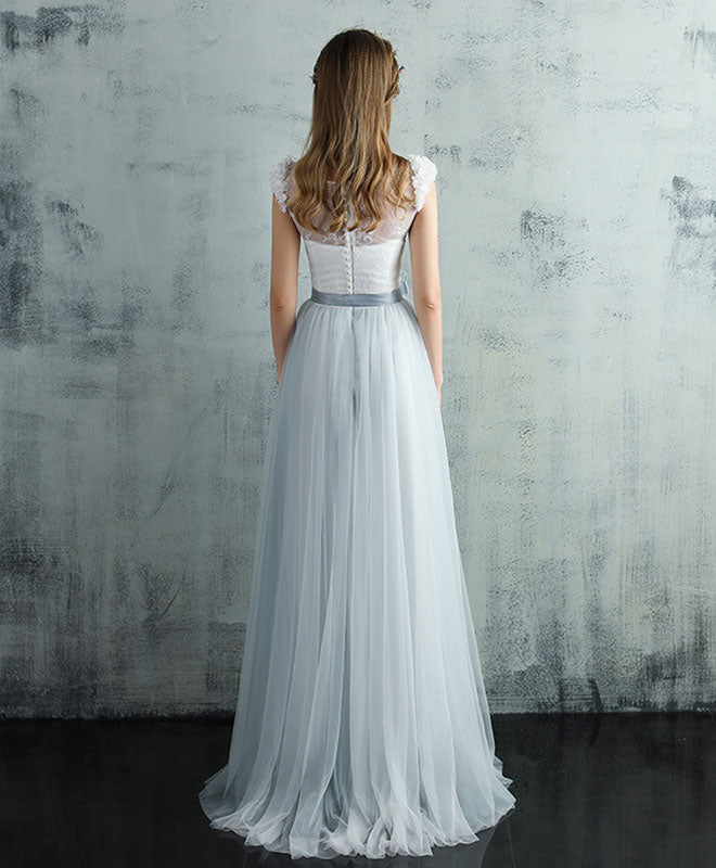 Cute Gray Tulle Lace Long Prom Dress, Gray Evening Dress