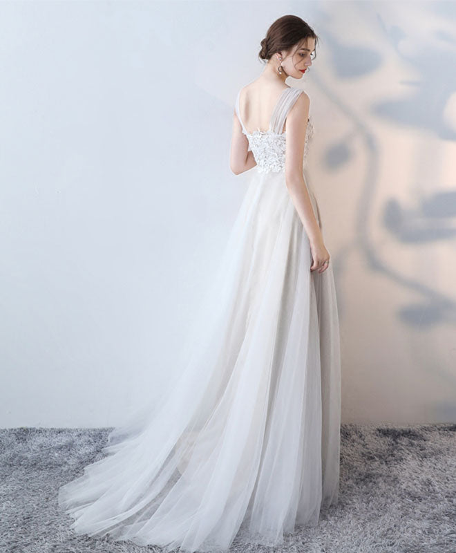 Elegant White Lace Tulle Long Prom Dress, White Evening Dress