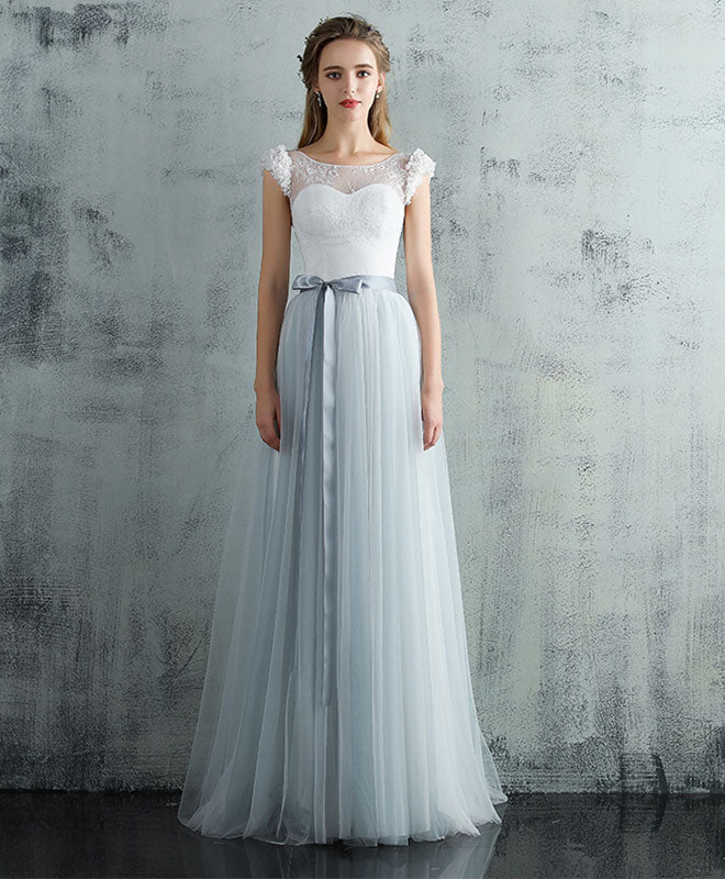 Cute Gray Tulle Lace Long Prom Dress, Gray Evening Dress