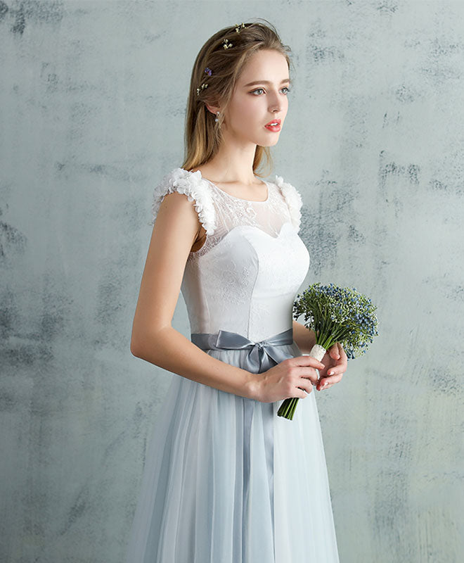 Cute Gray Tulle Lace Long Prom Dress, Gray Evening Dress