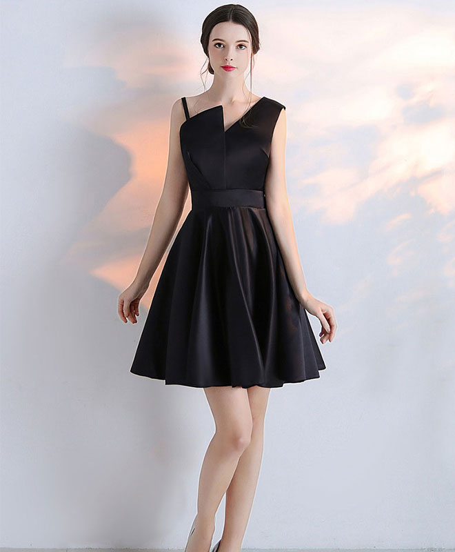 Simple Black Satin Short Prom Dress, Homecoming Dress