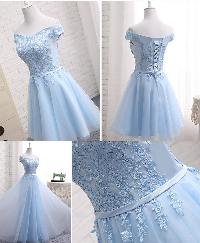 Sky Blue A Line Lace Off Shoulder Prom Dress, Lace Bridesmaid Dresses