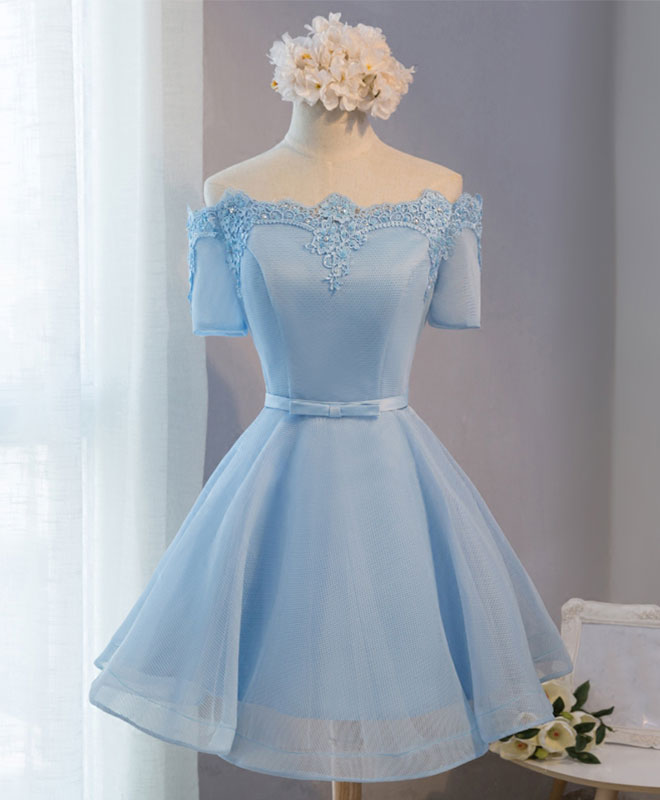 Blue A-Line Tulle Short Sleeve Lace Short Prom Dress, Blue Cute