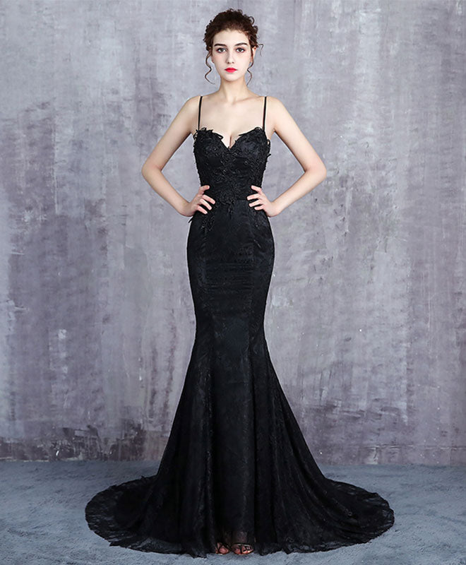 Mermaid Black Lace Long Prom Dress, Strapless Mermaid Black Formal
