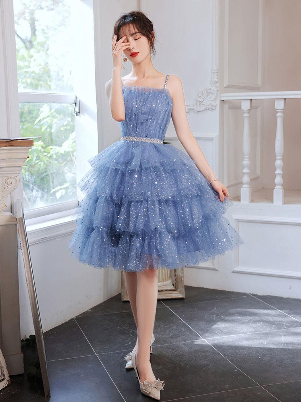 Short Puffy Blue Prom Dress, Tulle Short Blue Puffy Homecoming Dress – shopluu