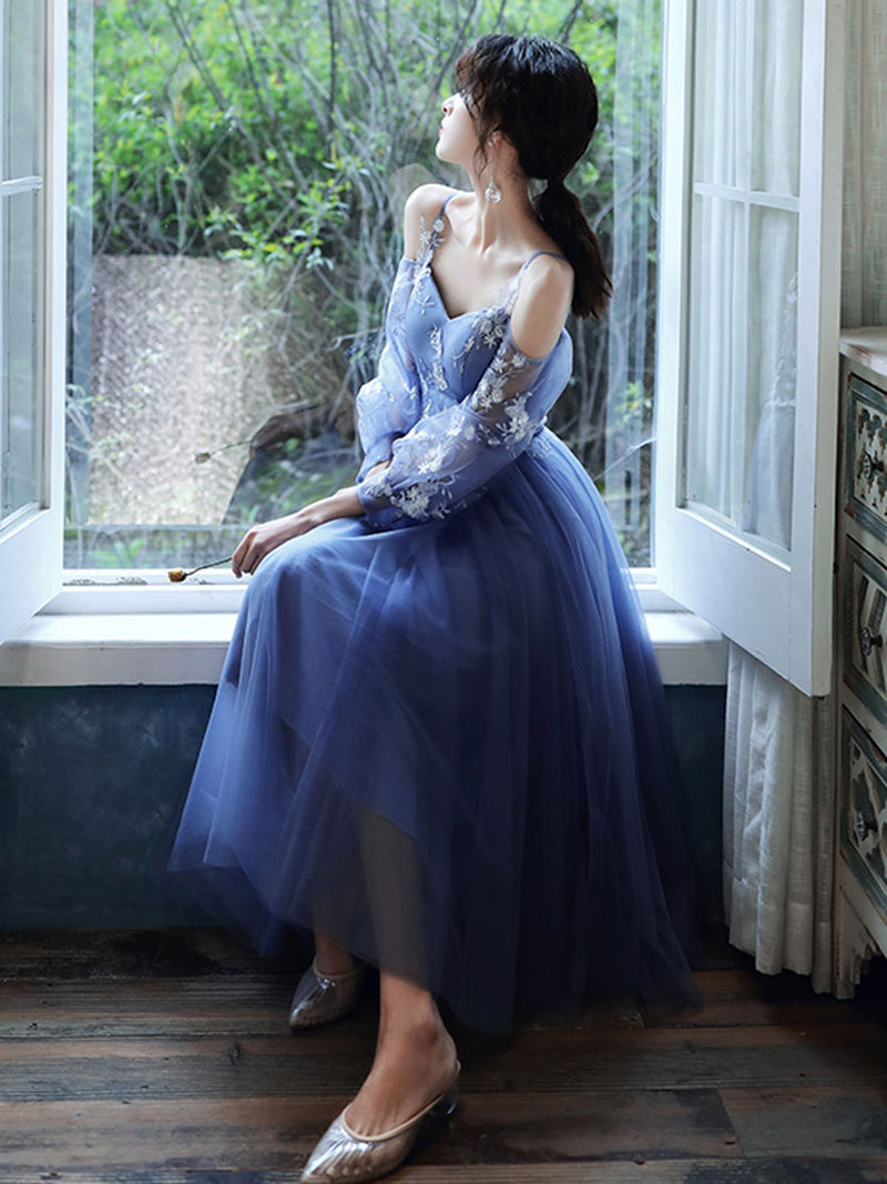 Blue Tulle Long Sleeves Short Prom Dress, Blue Short Homecoming