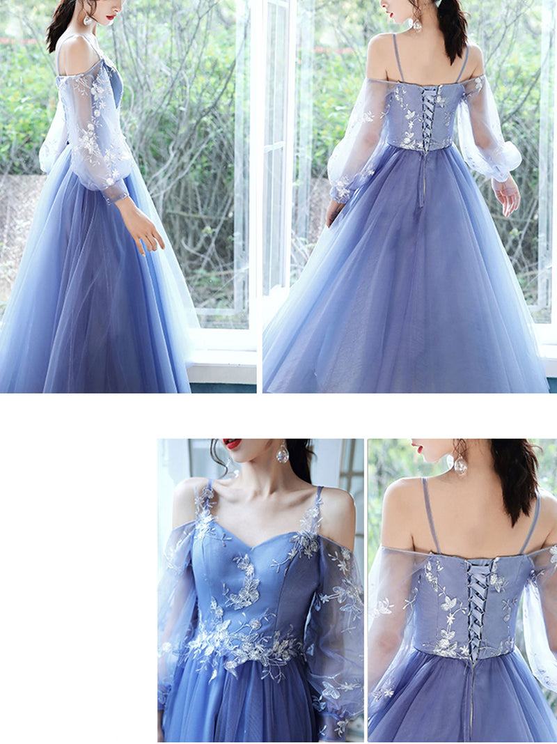 Blue Tulle Long Sleeves Short Prom Dress, Blue Short Homecoming Dresses US 8 / Custom Color Blue Tulle Long Sleeves Short Prom Dress, Blue Short Homecoming Dresses US 8 / Custom Color